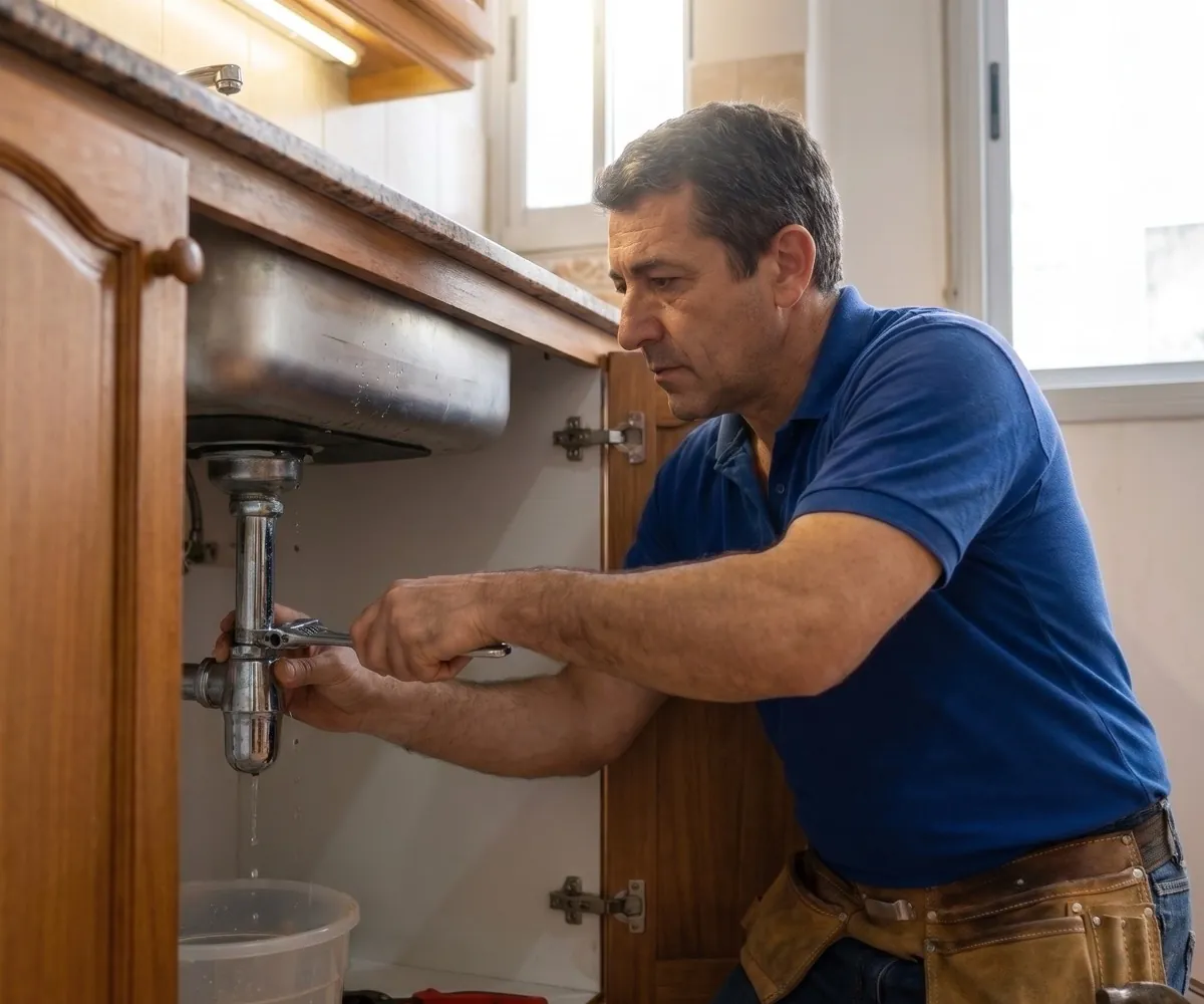 Profesional de Todo Resuelto reparando una cañería bajo la pileta de una cocina
